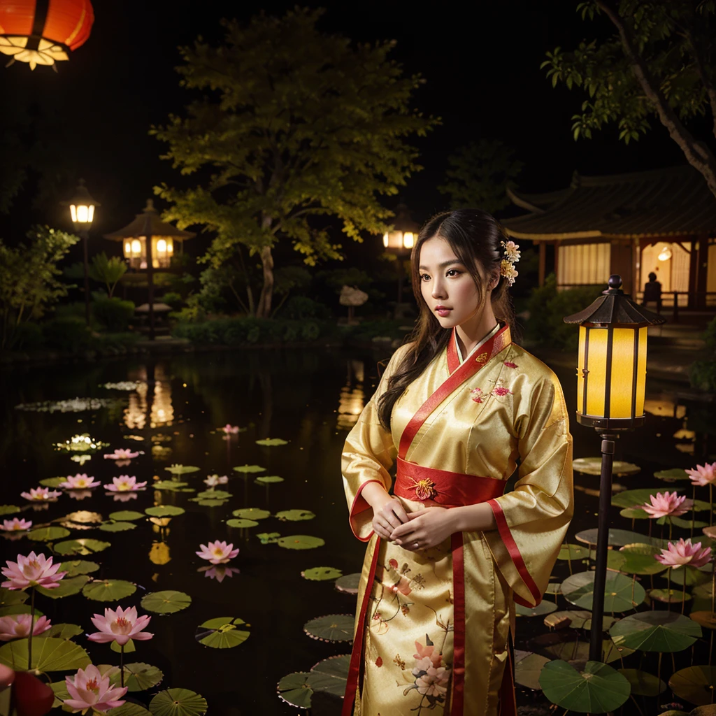 film grain, In the style of realistic photography with bright colors and high resolution., professional photography, A beautiful young woman in a stunning ancient hanfu, posing, surrounded by rabbit and flowers under the full moonlight, house grounds with lotus lake and garden background, mid-autumn festival theme, red lanterns, Giant mid-autumn lantern model
