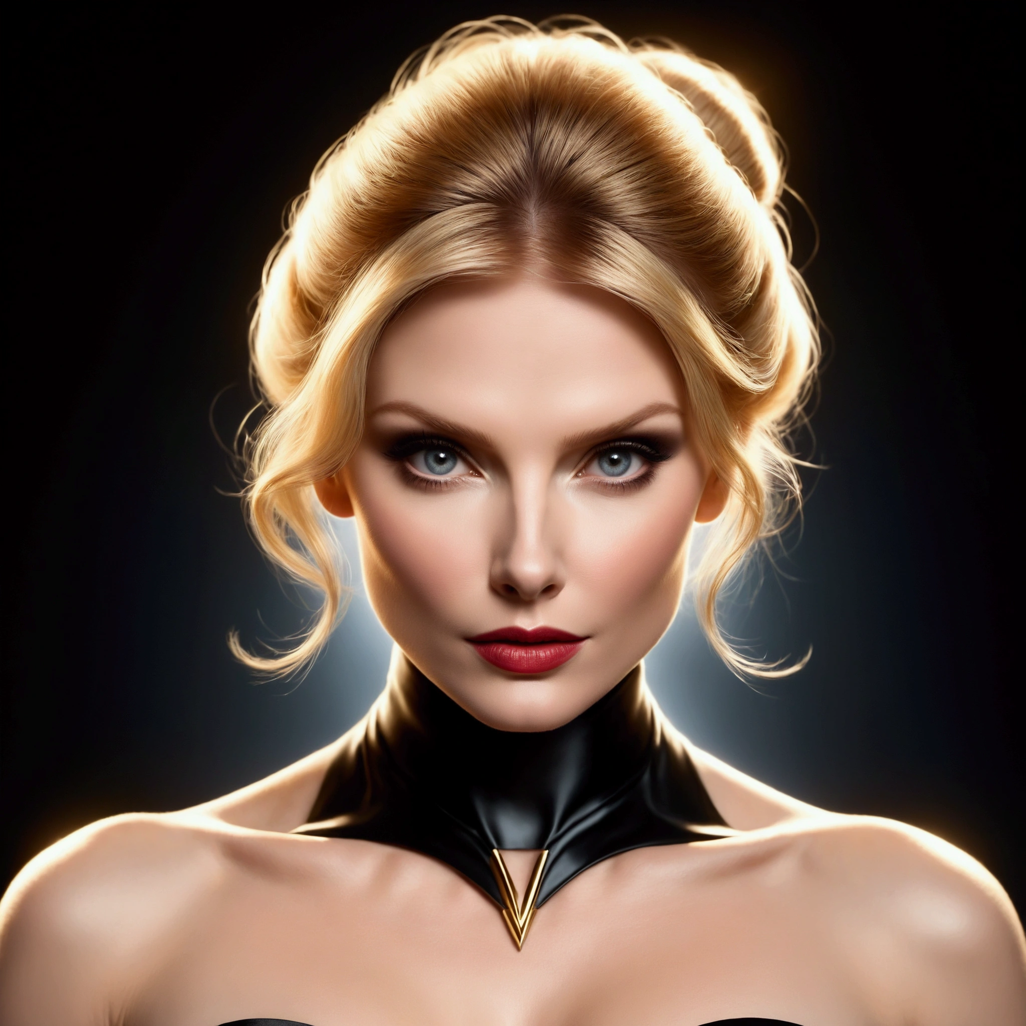 HYBRID FACE BETWEEN MICHELLE PFEIFFER AND BRYCE DALLAS HOWARD, 2, BUST IMAGE STYLE, STUDIO IMAGE STYLE, DIFFUSED LIGHTS ON FACE, STRONG BACK LIGHTS, CLOSE FACE SHOTBLACK, BLONDE BUN HAIR STYLE, VERY LIGHTNING BLONDE HAIR, VERY PALE SKY, HIGH CHEEKBONES, ROSY CHEEKS, GORGEOUS LIPS, SOFT LIPSTICK, VOLUMOUS BREASTS, STRAPLESS CLEAVAGE, GOLDEN STRAPLESS DRESS, ENIGMATIC FACE EXPRESSIO, VERY DARK BLACK INFINITE BACKGROUND, FRONT FACE VIEW, MIDDLE ANGLE CAMERA SHOT, HIGH QUALITY IMAGE, MASTERPIECE, 8K