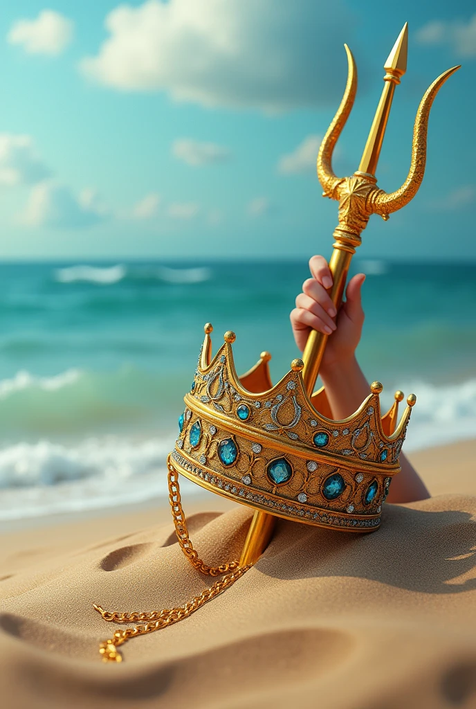 Pacific Ocean Ocean Sand, hand holding gold triton trident and a queen crown next to it with diamonds and chains around it, treasure lost in the depths hyperrealistic fantasy luxury book cover