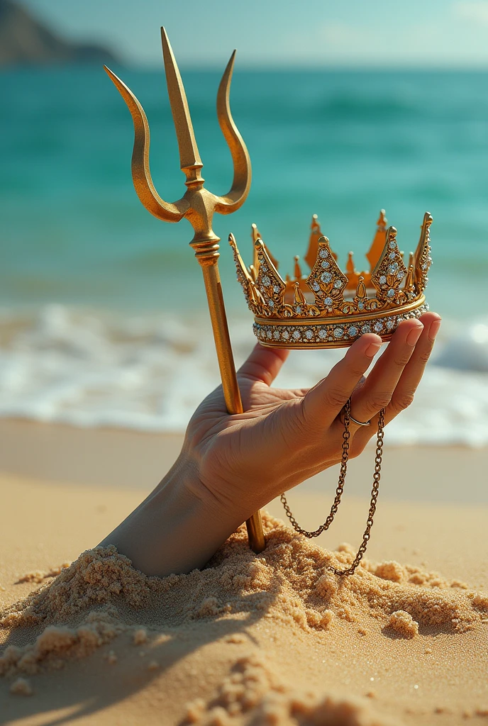 Pacific Ocean Ocean Sand, hand holding gold triton trident and a queen crown next to it with diamonds and chains around it, treasure lost in the depths hyperrealistic fantasy luxury book cover