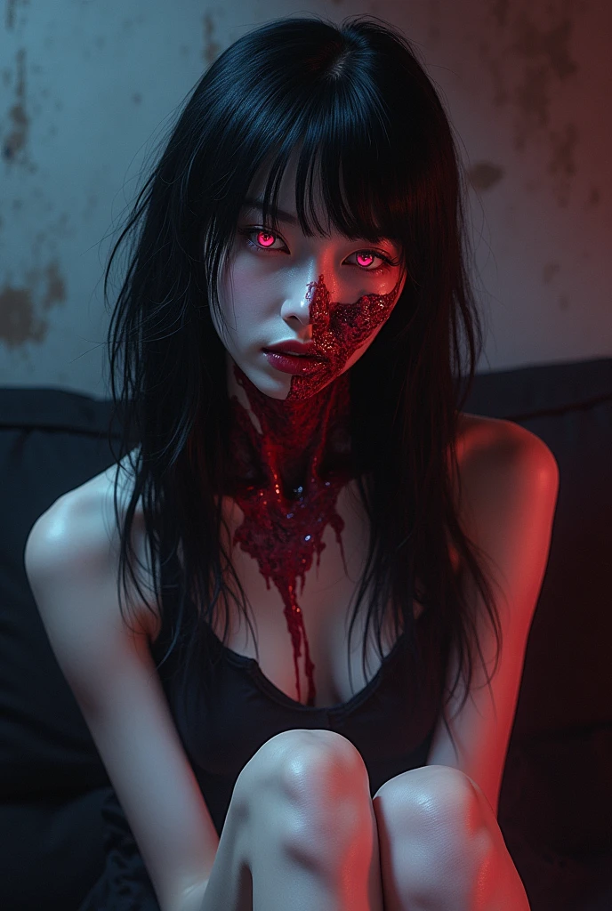 Korean woman, half face hauntingly beautiful, other half gruesomely rotten, red glowing eyes, flesh divided down the middle, skin ghostly pale, ensconced in a nightmarish backdrop, ebony hair cascading with bold, straight bangs, wearing a short outfit, seated with an intense, expressionless gaze directed at the viewer, dark palette rich in purples, reds, blacks, blues, and prunes, capturing a blend of the unique manga styles