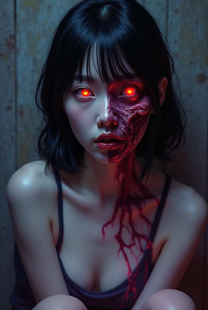 haunted korean girl, demon, black eyes, sexy, scary, horrorcore, rolling eyes, terrifier, bra, huge boobs, 18-year-old, vhs, found footage, uneven eyes:1.2, surprised, ahegao, sick, underwear, top POV, amazing body, ultra detailed, intricate details, ultrarealistic, micro detail, 8 K, hyper detailed, fantasy, cinematic lighting,