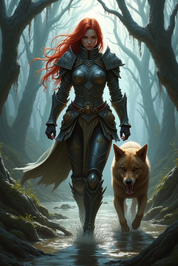 fantasy setting, a human warrior resembling Fire Emblem's Titania walking in a muddy swamp seen from behind with a dog biting a leg