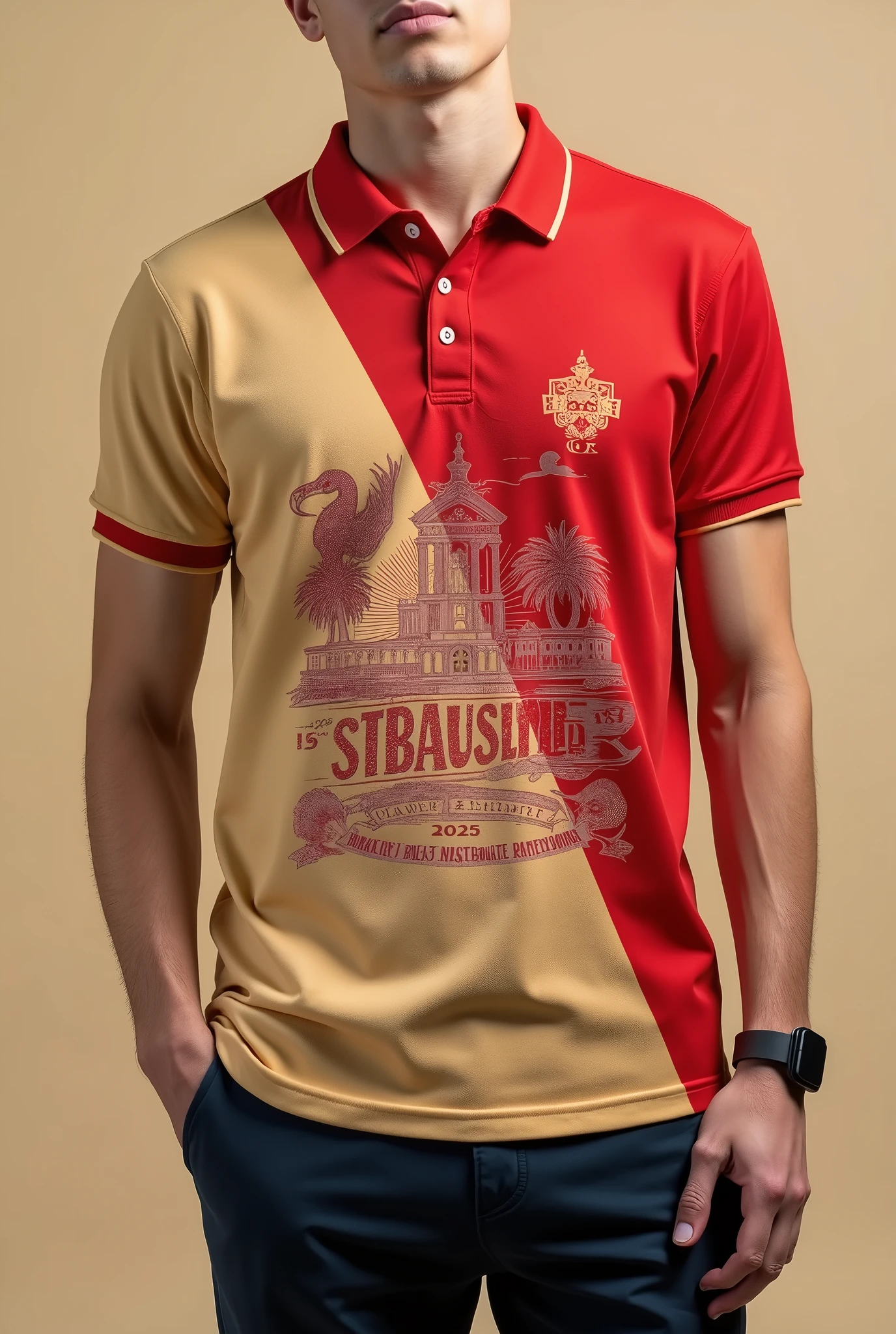 2025 promotion polo shirt, red and beige color, with design in the front part, for last year highschoolera
