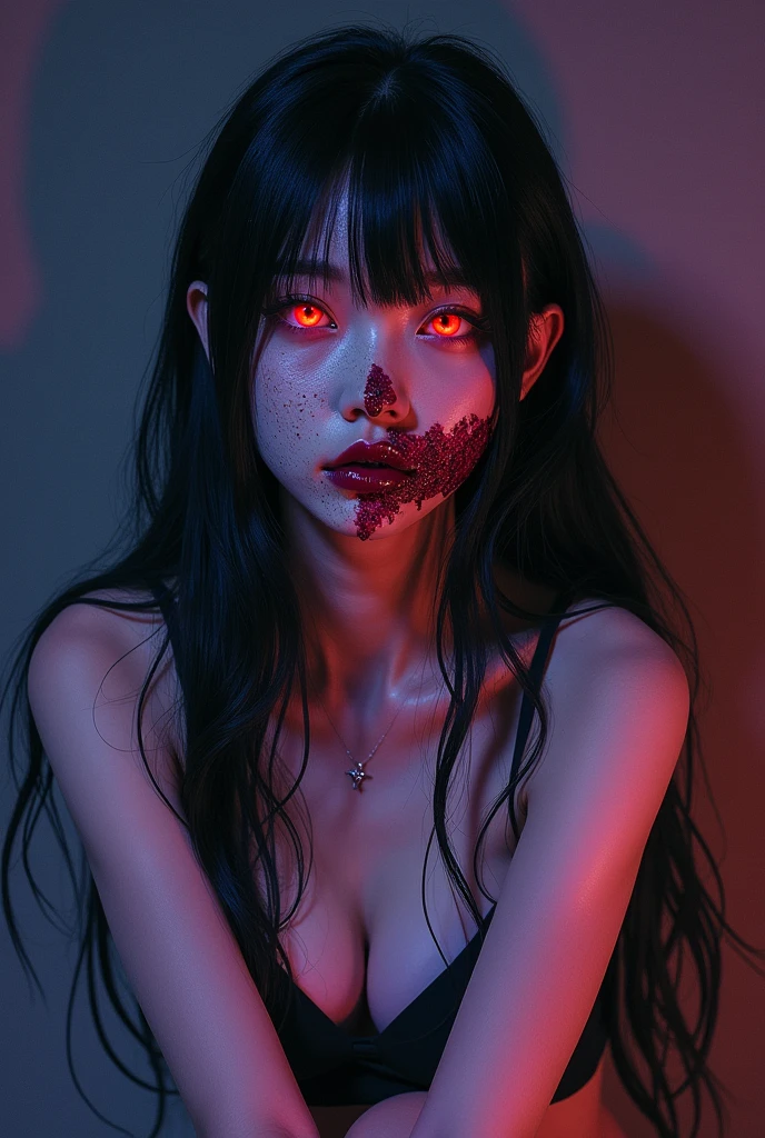 Korean woman, half face hauntingly beautiful, other half gruesomely rotten, red glowing eyes, flesh divided down the middle, skin ghostly pale, ensconced in a nightmarish backdrop, ebony hair cascading with bold, straight bangs, wearing a short outfit, seated with an intense, expressionless gaze directed at the viewer, dark palette rich in purples, reds, blacks, blues, and prunes, capturing a blend of the unique manga styles