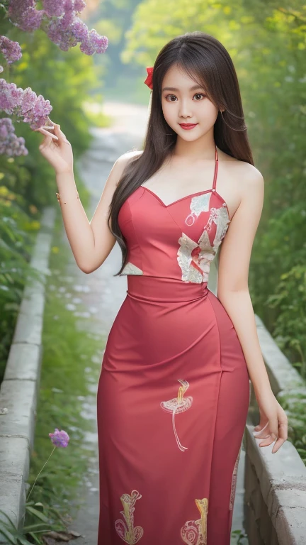 Burmese girl full body with attractive curvy full body. Friends full-length bikini, (♥️ red dress) reflective long dress painted with flower patterns, only dress. hi gh hips High resolution High resolution natural background High resolution HD 3D, 8K cartoon anime