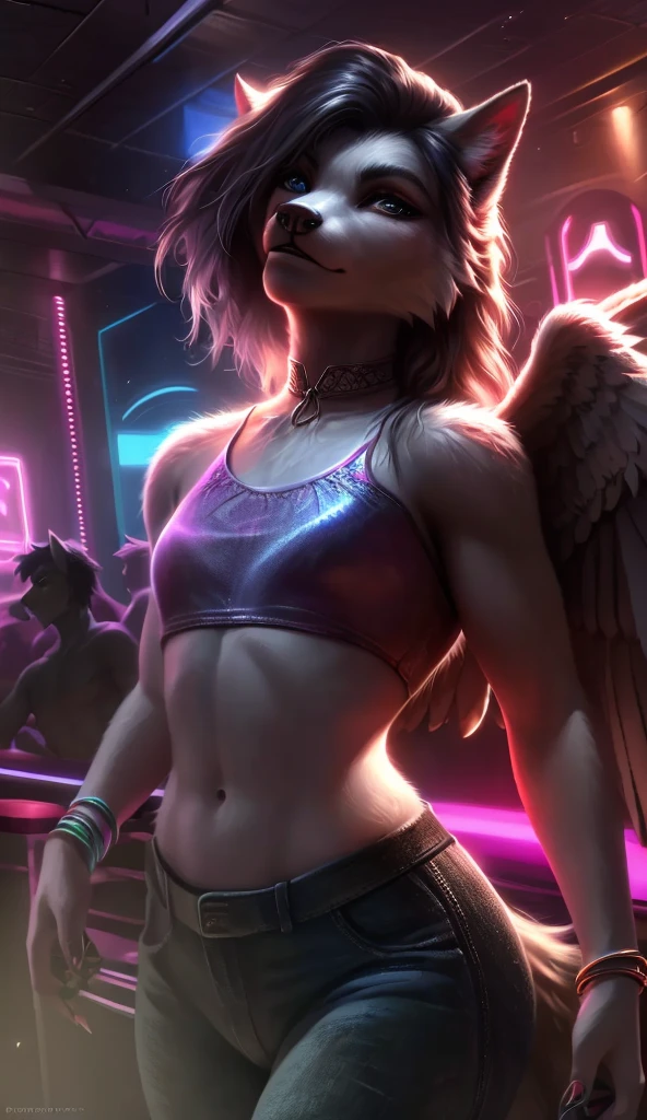 femboy, wolf boy, male, crop top,  booty shorts, ????????????, tight collar, grey fur, white feathered wings, rave background,