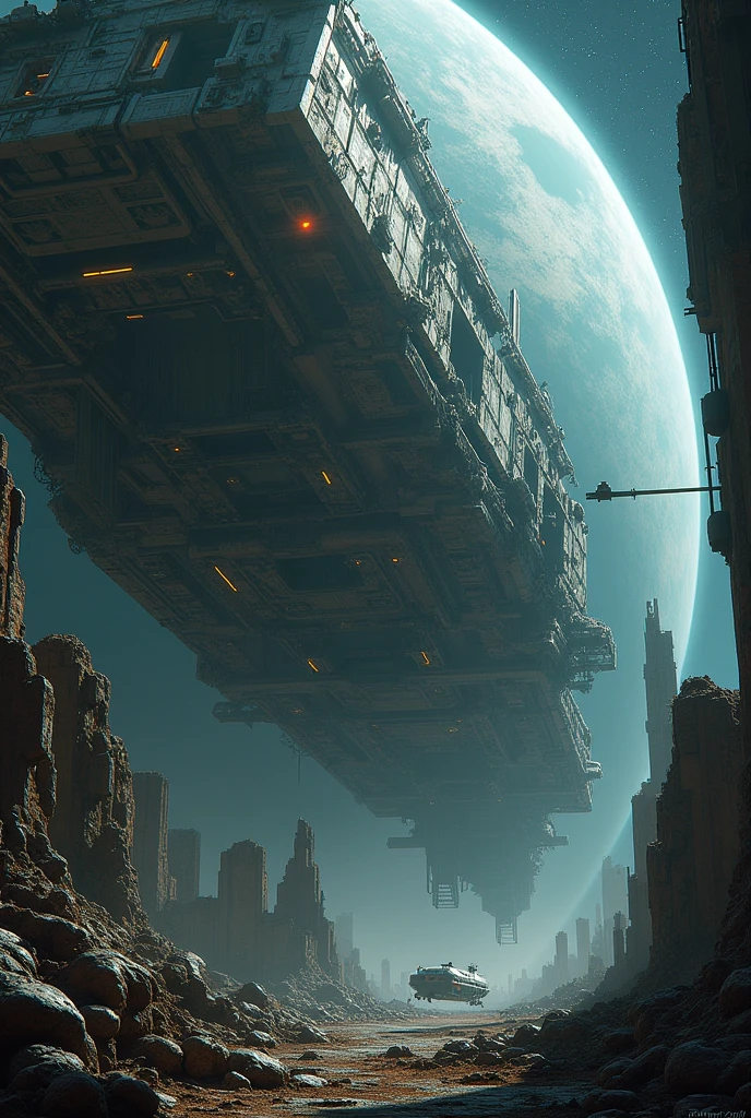A massive space station orbiting a distant planet, partially destroyed and abandoned.