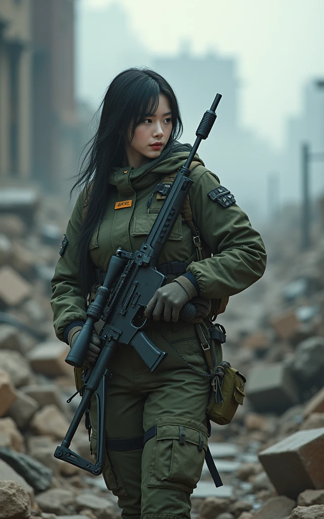 Ultra-high resolution，High-resolution details，Photo-real, Ultra-realistic, (1 Korean female sniper，Super beautiful，Super white skin), (fully armed，Ready to fight:1.5),  (Wearing green turf camouflage clothing), Large breasts, (Tactical Vest, Military wiring harness:1.3), (Military boots:1), Dynamic Angle, Spectacular,，Reality、Realistic skin texture、（Lying on the ground aiming with a sniper）98k、permanent、On the ruins、Smoke of war、Action poses and movements、（full-body shot，panorama distant view，Wide-angle lens）