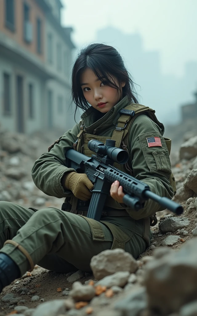 Ultra-high resolution，High-resolution details，Photo-real, Ultra-realistic, (1 Korean female sniper，Super beautiful，Super white skin), (fully armed，Ready to fight:1.5),  (Wearing green turf camouflage clothing), Large breasts, (Tactical Vest, Military wiring harness:1.3), (Military boots:1), Dynamic Angle, Spectacular,，Reality、Realistic skin texture、（Lying on the ground aiming with a sniper）98k、permanent、On the ruins、Smoke of war、Action poses and movements、（full-body shot，panorama distant view，Wide-angle lens）