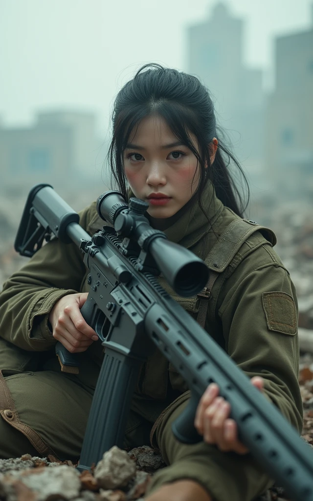 Ultra-high resolution,High-resolution details,Photo-real, Ultra-realistic, (1 Korean female sniper,Super beautiful,Super white skin), (fully armed,Ready to fight:1.5), (Wearing green turf camouflage clothing), Large breasts, (Tactical Vest, Military wiring harness:1.3), (Military boots:1), Dynamic Angle, Spectacular,,Reality、Realistic skin texture、(Lying on the ground aiming with a sniper)98k、permanent、On the ruins、Smoke of war、Action poses and movements、(full-body shot,panorama distant view,Wide-angle lens)