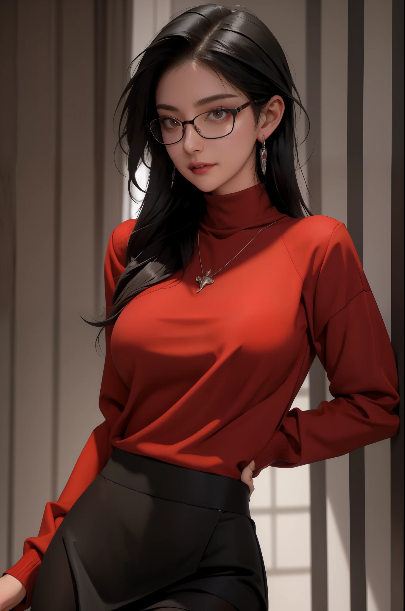 masterpiece, best quality, black hair, glasses, necklace, earrings, red sweater, turtleneck, labcoat, black miniskirt, large breasts, upper body, looking at viewer, doctor's office, smile, mischievous,