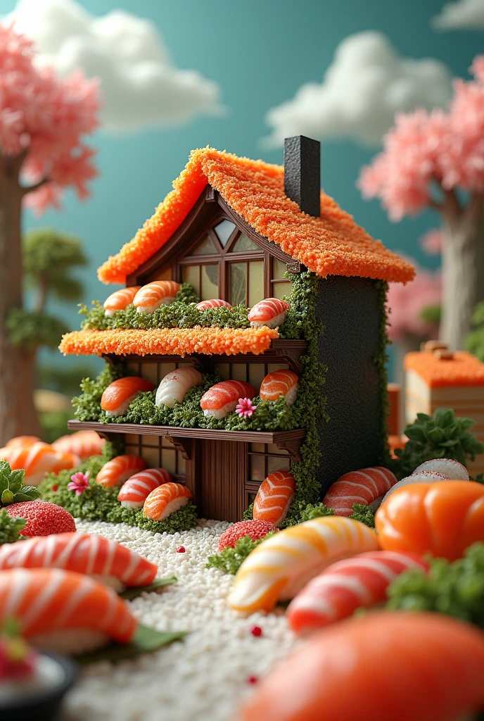 ((masterpiece, 8k, best quality, 8k, super realistic, high resolution:1.3)), realistic house, 2 storey house, 2 meter house, house made of sushi, sushi world, Sashimi in a frying pan, world of fish eggs, wasabi world, wall made of cooked rice, paper holder of some sushi.