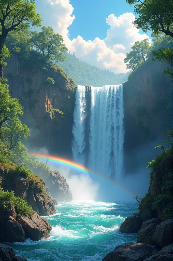 A rainbow over a waterfall surrounded by lush vegetation