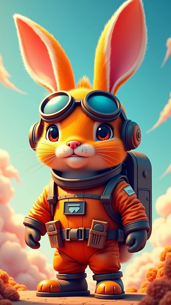 image of referral discount offer with image of bright orange hare as if it were an airplane pilot with aviator glasses and astronaut uniform