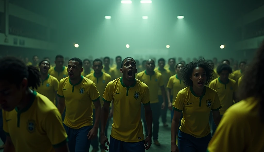 I would like you to make in good quality 3D a large, dark room with a crowd of Brazilians dressed in green and yellow, shocked and with expressions of fear..