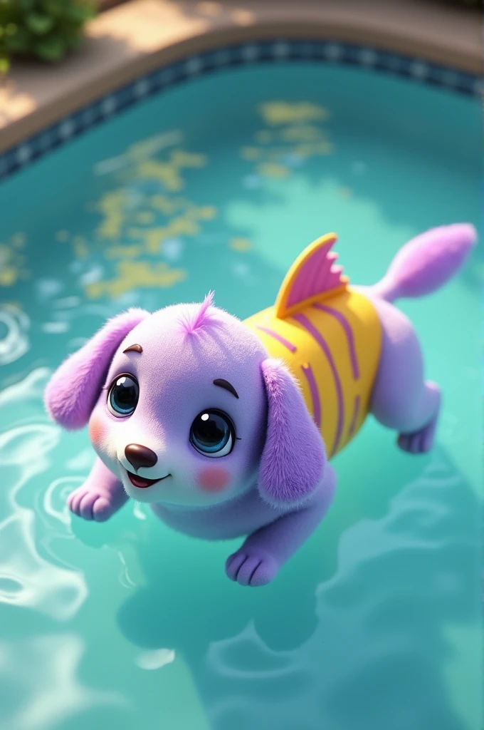 Lavender white dog with yellow fish tail with jagged purple stripes swimming in pool