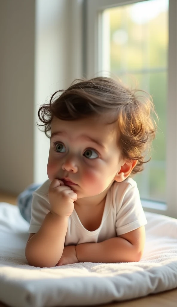 Create UHD photorealistic realistic photo, no animation, no 3D image, no Pixar style animation, no extra fingers. -mold Fre-Greek boy on changing table, thoughtful expression, finger on chin. Leica Q2 for detail. Natural window light. Artistic family snapshot style.