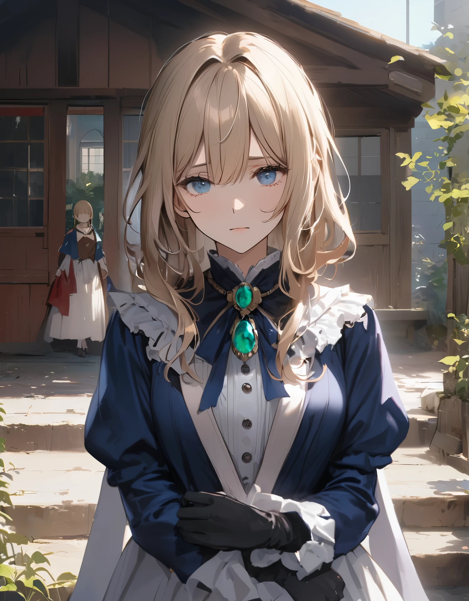 France in the 1890s。The main character of Violet Evergarden has blonde shoulder-length hair with a red ribbon.。She is wearing a classical aristocratic outfit based on ultramarine blue, with a white ribbon on her chest and an emerald necklace in the center.。On both arms, he wears long black leather gloves that reach up to his elbows.。She has very beautiful blue eyes。In the background you can see a slightly blurred French garden.。She always looks sad and lonely。Beautiful and realistic photos.。Walking far away。She is wearing a white flared skirt.。It&#39;s like a painting.。Vivid depiction。animation。