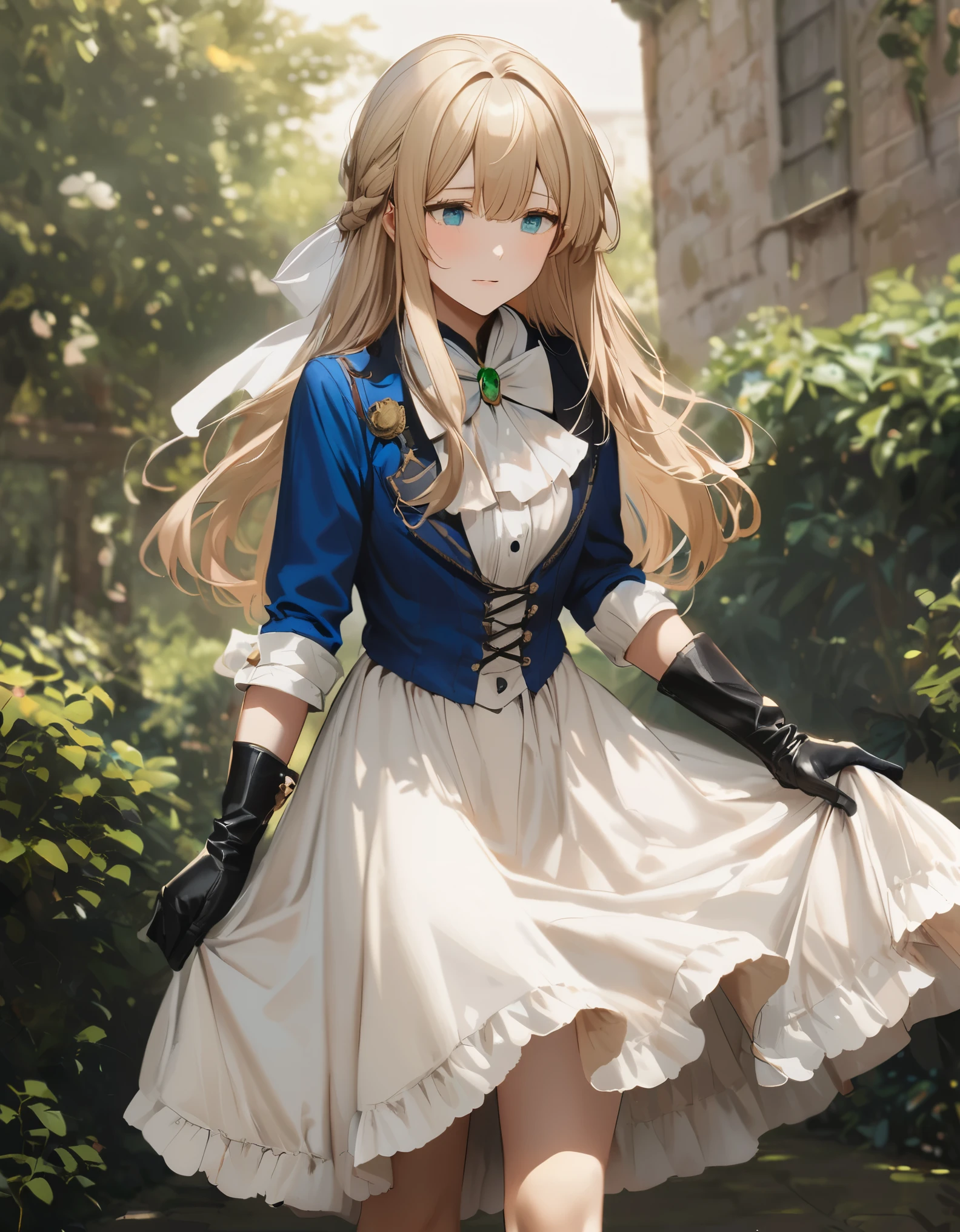 France in the 1890s。The main character of Violet Evergarden has blonde shoulder-length hair with a red ribbon.。She is wearing a classical aristocratic outfit based on ultramarine blue, with a white ribbon on her chest and an emerald necklace in the center.。On both arms, he wears long black leather gloves that reach up to his elbows.。She has very beautiful blue eyes。In the background you can see a slightly blurred French garden.。She always looks sad and lonely。Beautiful and realistic photos.。Walking far away。She is wearing a white flared skirt.。It's like a painting.。Vivid depiction。animation。