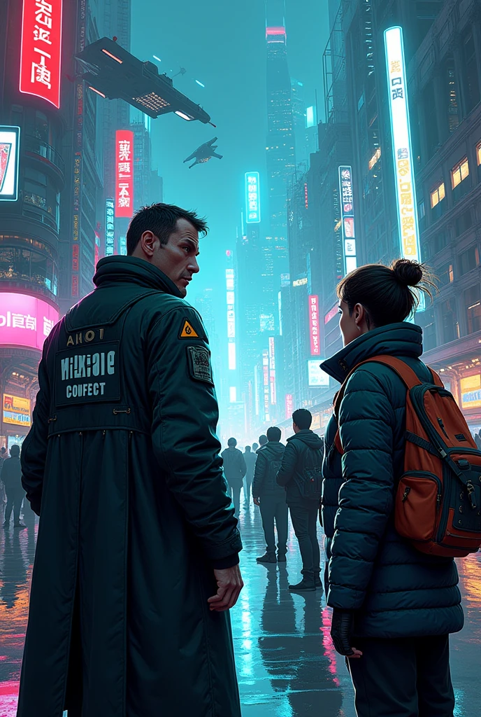 Mark Brooks' comic book style. Cyberpunk. The distant future. A security officer is interviewing witnesses. Science fiction style, full-length film, high detail, dynamic show, detailed background, clear focus, sharp contours, digital photo, 4K