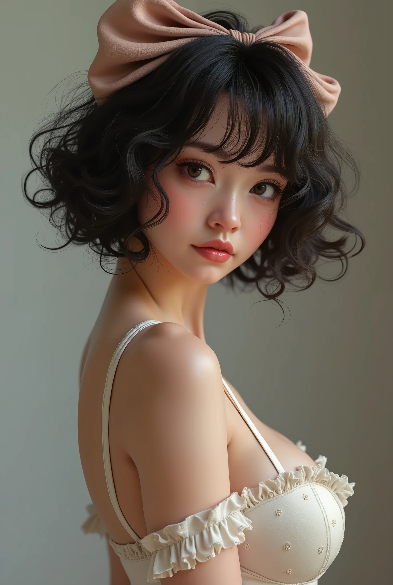 (photorealism:1.2), beautiful girl, . She has short, curly shoulder-length hair and a large bow in the back of her hair. Both cheeks are covered with hair. She has big breasts