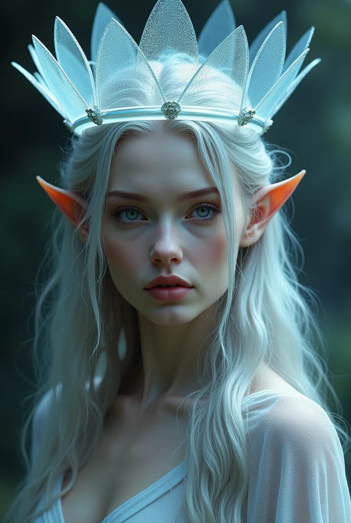 like your slightly pointy ears,a circular, pointed transparent crown, that crown floated above the woman&#39;s head, the crown did not float.And what caught the most attention was the beauty of that woman, she was so beautiful with her long, silver hair., and her navy blue eyes gave her an aura of purity with her thin lips and her face that seemed to have been sculpted by an artist the woman was aut