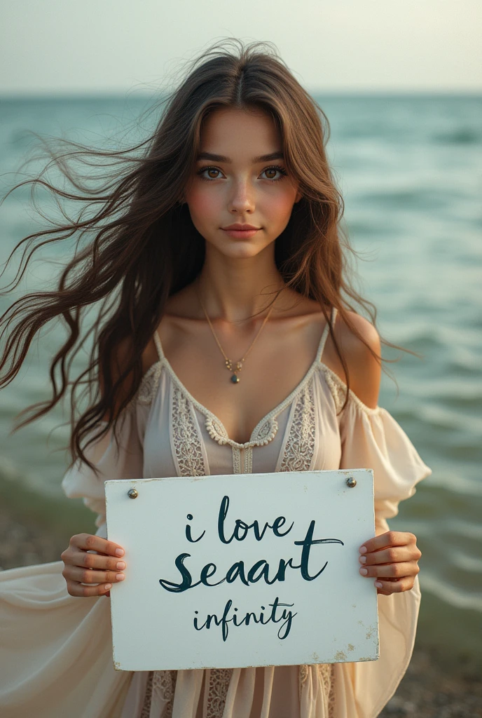 Beautiful girl with wavy long hair, bohemian dress, holding a white board with text "I Love Seaart Infinity" and showing it to the viewer