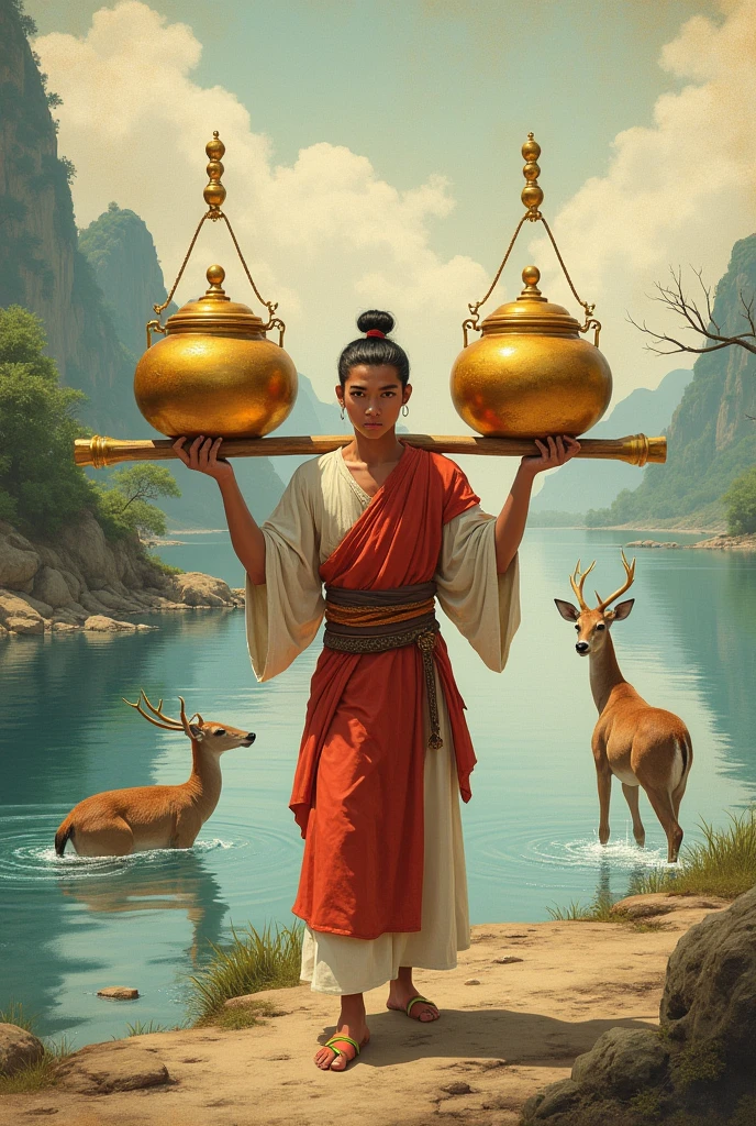 ယောက်ကျားလေးတစ်ယောက် ရွှေအိုးနှစ်လုံးကို ရေထမ်းတပိုးနဲ့ ရှေ့နောက်တစ်လုံးစီ ထမ်းပြီးပြန်လာ။ မြစ်ကမ်ဘေးမှာ သမင်တွေကရေကစားနေကြ
ကိုကား - သုဝဏ္ဏသာမဇာတ်၊ မဟာဗုဒ္ဓဝင်