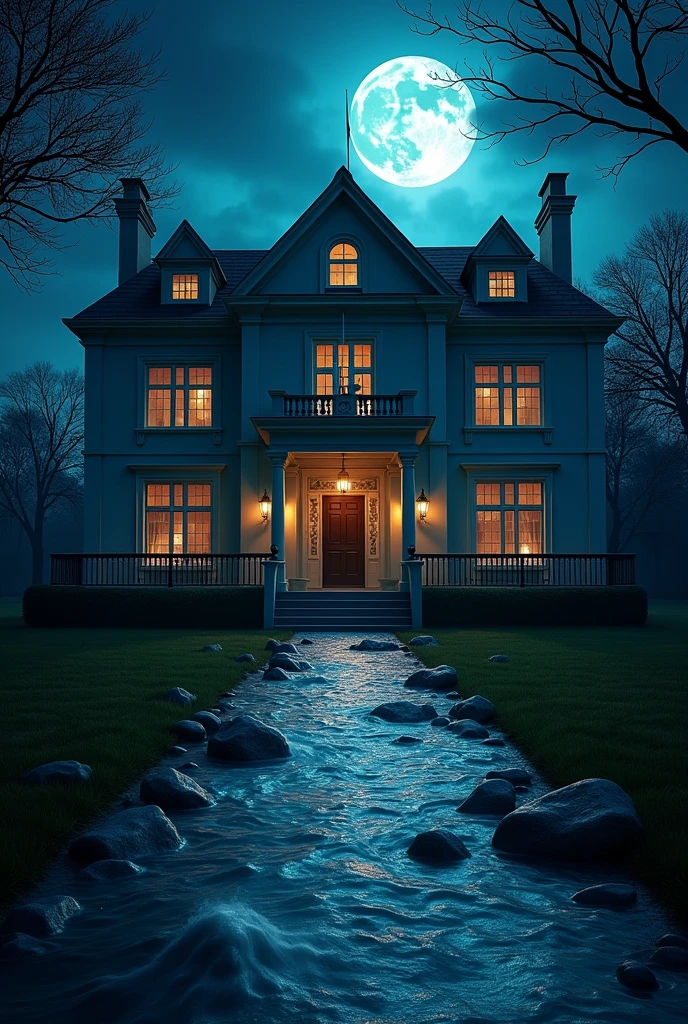 Create a 1:1 of a beautiful house, but mysterious water came out from under the door, on a scary night