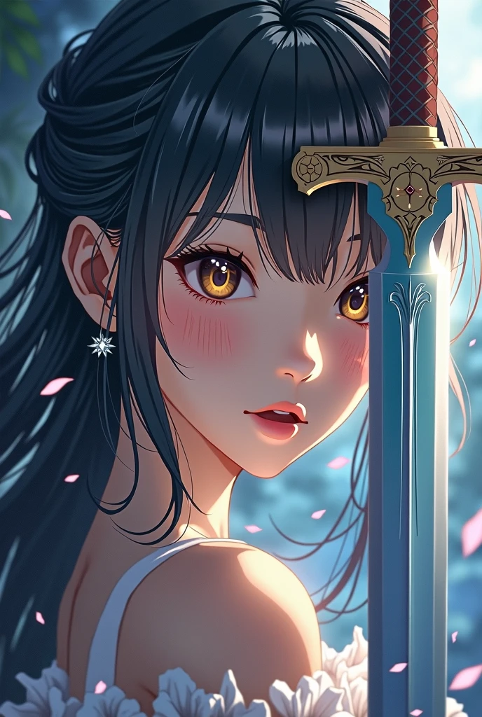 Image of beautiful anime style girl reflected in sword blade