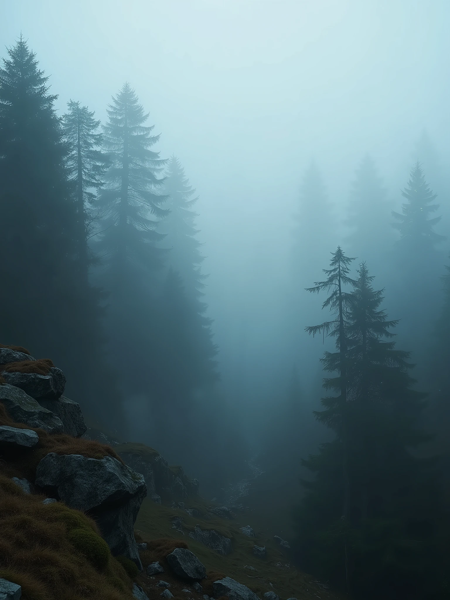 An enigmatic, fog-laden forest slope at dawn, where the dense fog weaves through the towering trees, creating a hauntingly beautiful scene. The early light filters through the mist, casting a soft, diffused glow over the rugged terrain. The image, shot with a hazel mirrorless camera and telephoto lens, features deep focus to capture the delicate textures of the fog and forest, enhancing the dramatic and mysterious mood of the landscape