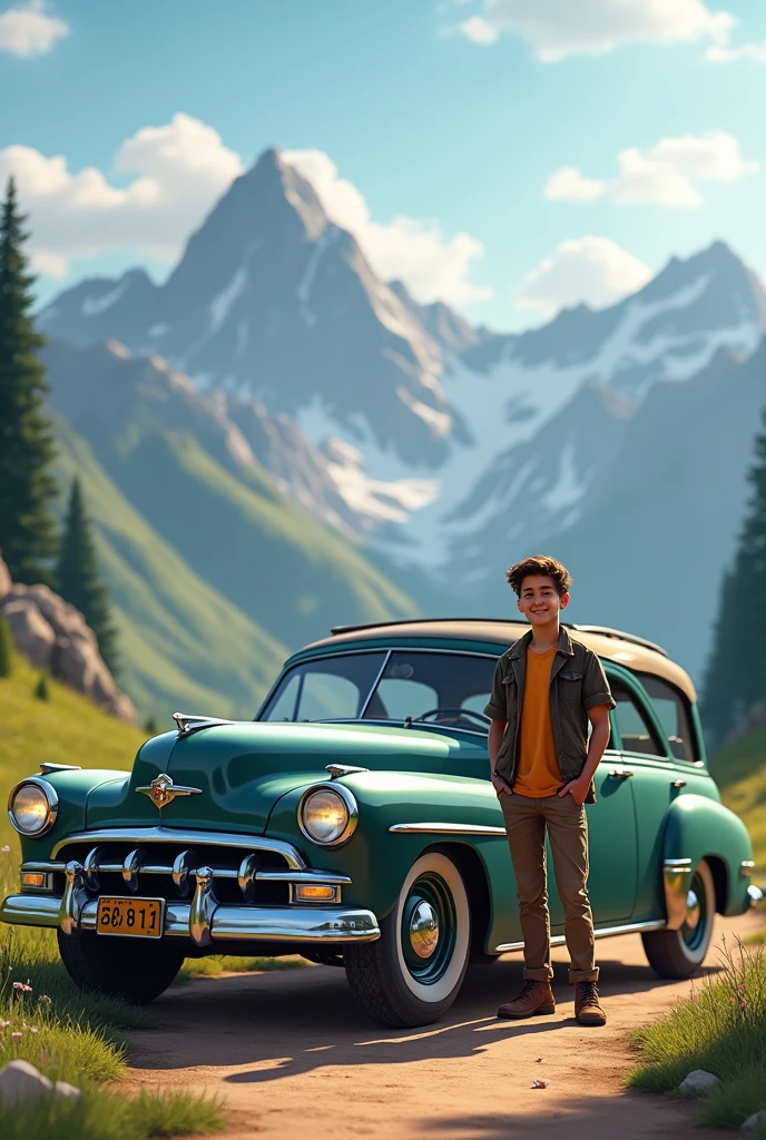 A boy stand with car in mountains
