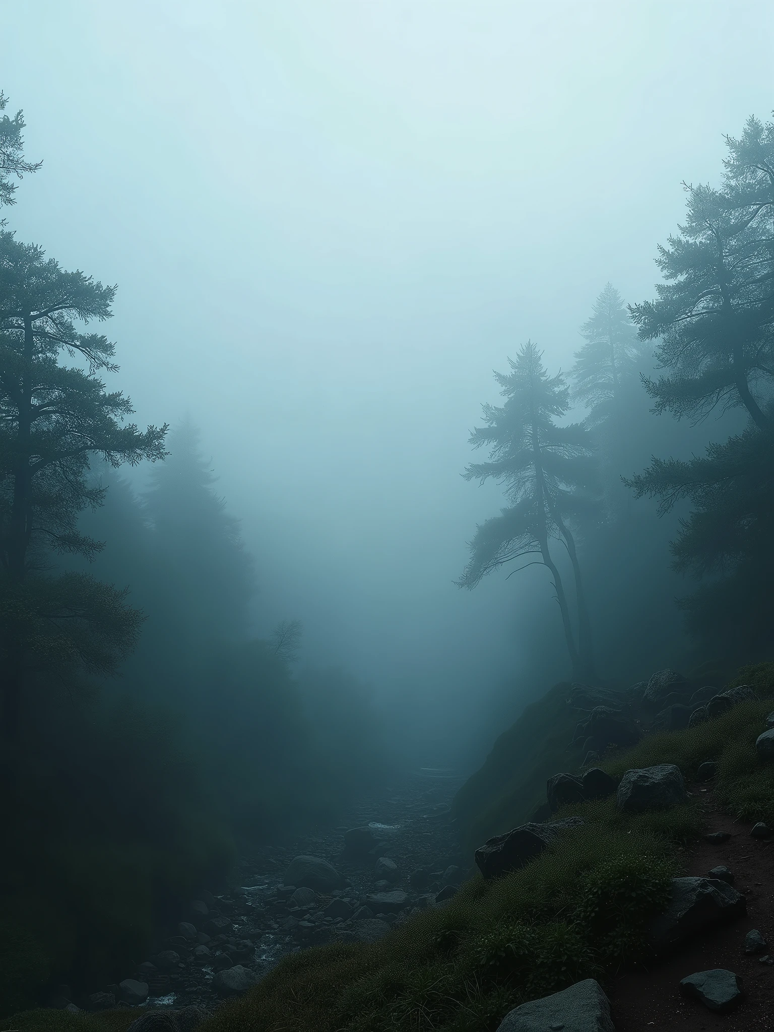 An enigmatic, fog-laden forest slope at dawn, where the dense fog weaves through the towering trees, creating a hauntingly beautiful scene. The early light filters through the mist, casting a soft, diffused glow over the rugged terrain. The image, shot with a hazel mirrorless camera and telephoto lens, features deep focus to capture the delicate textures of the fog and forest, enhancing the dramatic and mysterious mood of the landscape