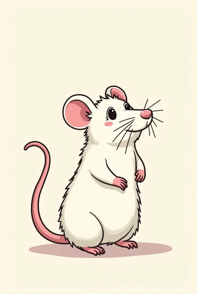 Camera viewing angle 45 degrees from above distance to object 2.50 meters It is intended to represent a 25 centimetres tall white rat, on all 4 feet, From Side View, use comic design