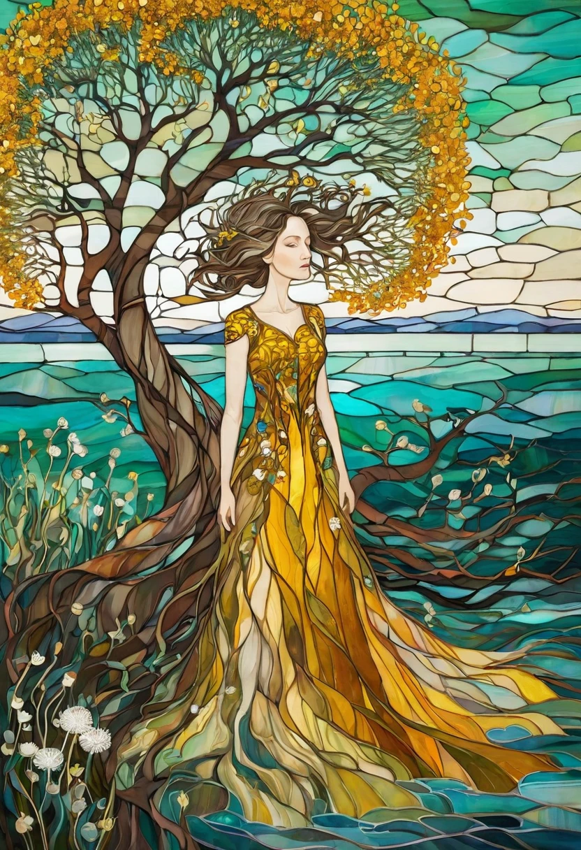 In the style of Albena Vatcheva. yggdrasill tree, large roots like blown glass tubes sinking into the ground, stained glass branches rising high into the sky. Three-quarter view of a lake with mustard-colored, emerald waters. Lying on the shores of the lake woman with dark blond hair, waved by the wind, dress made of flowers and leaves Blooming dandelion flowers, poppies, marsh flowers, orchid flowers. Warm colors, and cold colors skillfully mixed.
