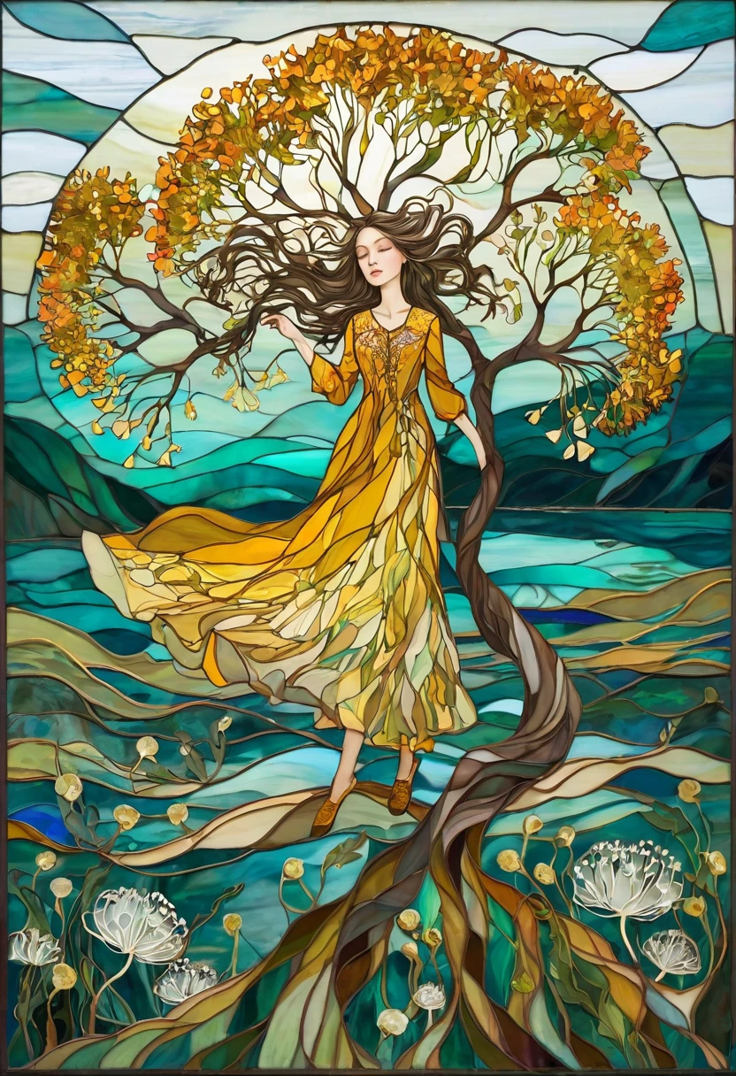 In the style of Albena Vatcheva. yggdrasill tree, large roots like blown glass tubes sinking into the ground, stained glass branches rising high into the sky. Three-quarter view of a lake with mustard-colored, emerald waters. Lying on the shores of the lake woman with dark blond hair, waved by the wind, dress made of flowers and leaves Blooming dandelion flowers, poppies, marsh flowers, orchid flowers. Warm colors, and cold colors skillfully mixed.