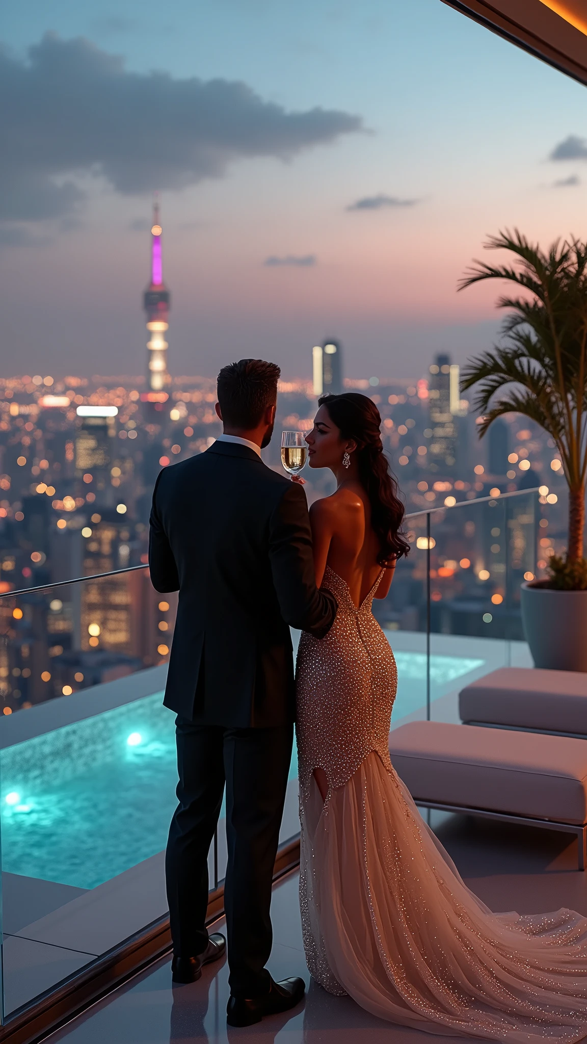 A wealthy couple enjoys a luxurious lifestyle in a lavish modern penthouse overlooking a city skyline. The man is dressed in a tailored suit, and the woman wears an elegant designer dress with diamond jewelry. They stand on a large terrace with an infinity pool, sipping champagne. The surroundings are opulent, with sleek, contemporary furniture, expensive art pieces, and a private helicopter parked on a nearby helipad. The city lights twinkle in the background, highlighting their sophisticated and extravagant lifestyle."