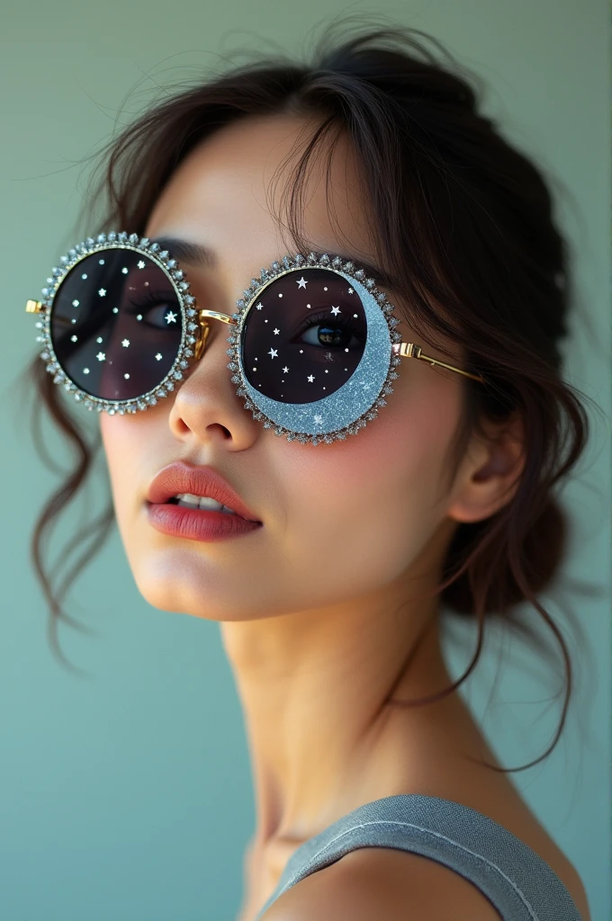 The model is wearing glass sunglasses with stars and the moon on the glass