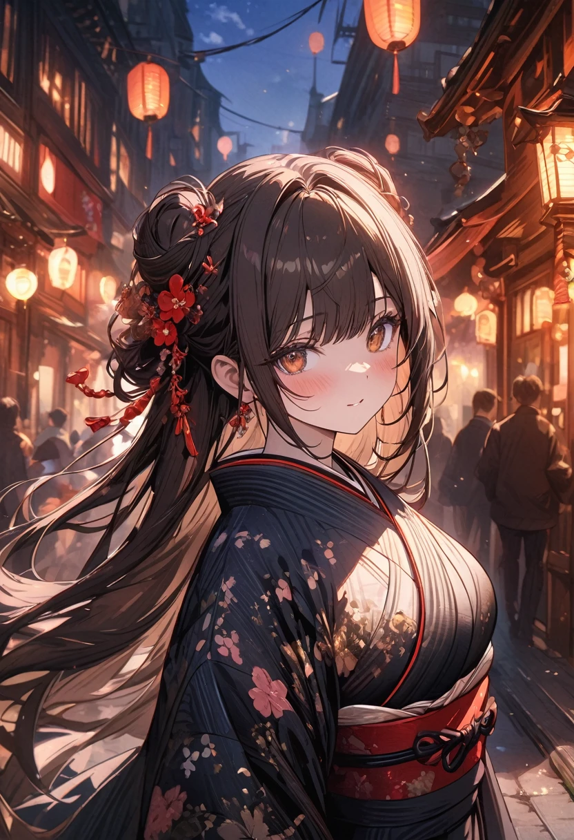 (masterpiece), best quality, very aesthetic, newest, absurdres, detailed, high quality
BREAK
highest quality, top quality, details, highres, ultra fine painting, digital art, official art, splash art, cinematic, 4k, 8k resolution, 8K CG wallpaper, original artwork, detailed background, High Dynamic Range, lens flare, blurry background, Starburst effects, crepuscular rays, good ISO, high resolution, wide shot, from far away, POV, sharp focus, light reflection, reflections, intricate details, soft light, particle noise, professional photography, bokeh, depth of field, studio lighting, vibrant colors, detailed lights and shadows, stylish, ultra-detailed, top rated on Pixiv, trending on Artstation, niji style, master crafted, pose
BREAK
solo, from above, 1girl, pale skin, correct fingers, detailed hand, (big toned breasts:1.2), big thighs, small torso, short body, flushtered, blush, anxious expression, embarassed, embarassed act, casual, slim, ((cute, childlike face):1.3), nice body, nice hips, brown hair, (very long flowing hair, 2 buns hairstyle), long bangs, long hair, middle hair bangs, brown eyes
BREAK
(Wearing cultural Japanese Kimono, pinned hair, (properly styled kimono girl))
BREAK
(nights of the streets background, pathway, buildings, street lamps, (night festival setting))