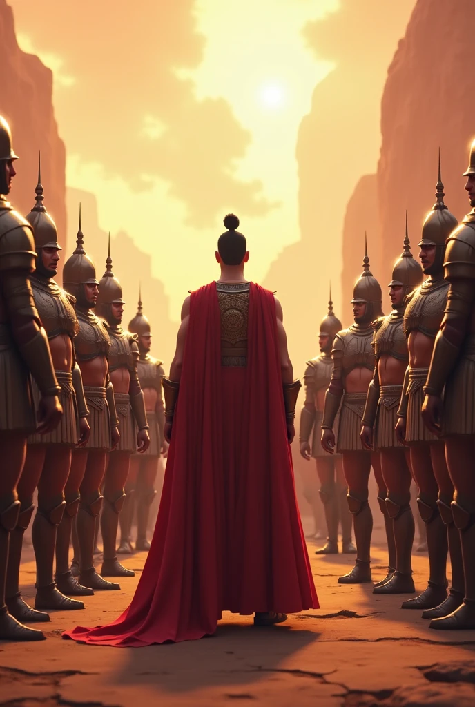 Generate in cinematic 3d cartoon**Assembling the Elite Force:** Capture the intensity as a leader surveys his elite force, each warrior a symbol of strength and strategic brilliance, poised to lead the charge in a decisive battle.in Mahabharat time pictures