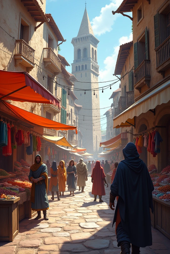  A bustling medieval market square filled with vendors selling exotic goods, colorful fabrics, and rare artifacts. People from different walks of life are bartering, while a suspicious figure lurks in the shadows.