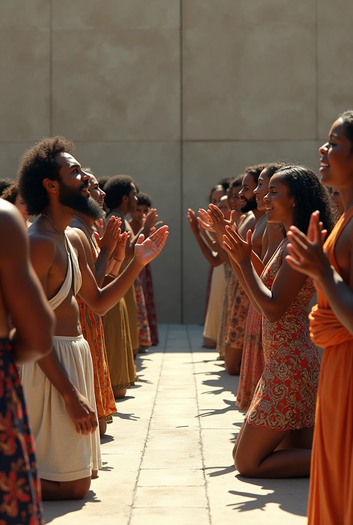 A wall separating two plots of land, on one side of the wall bearded men in underwear pray together on their knees, on the other side of the wall women standing in printed dresses praise standing with their hands raised to the sky. concrete floor. day Of course.