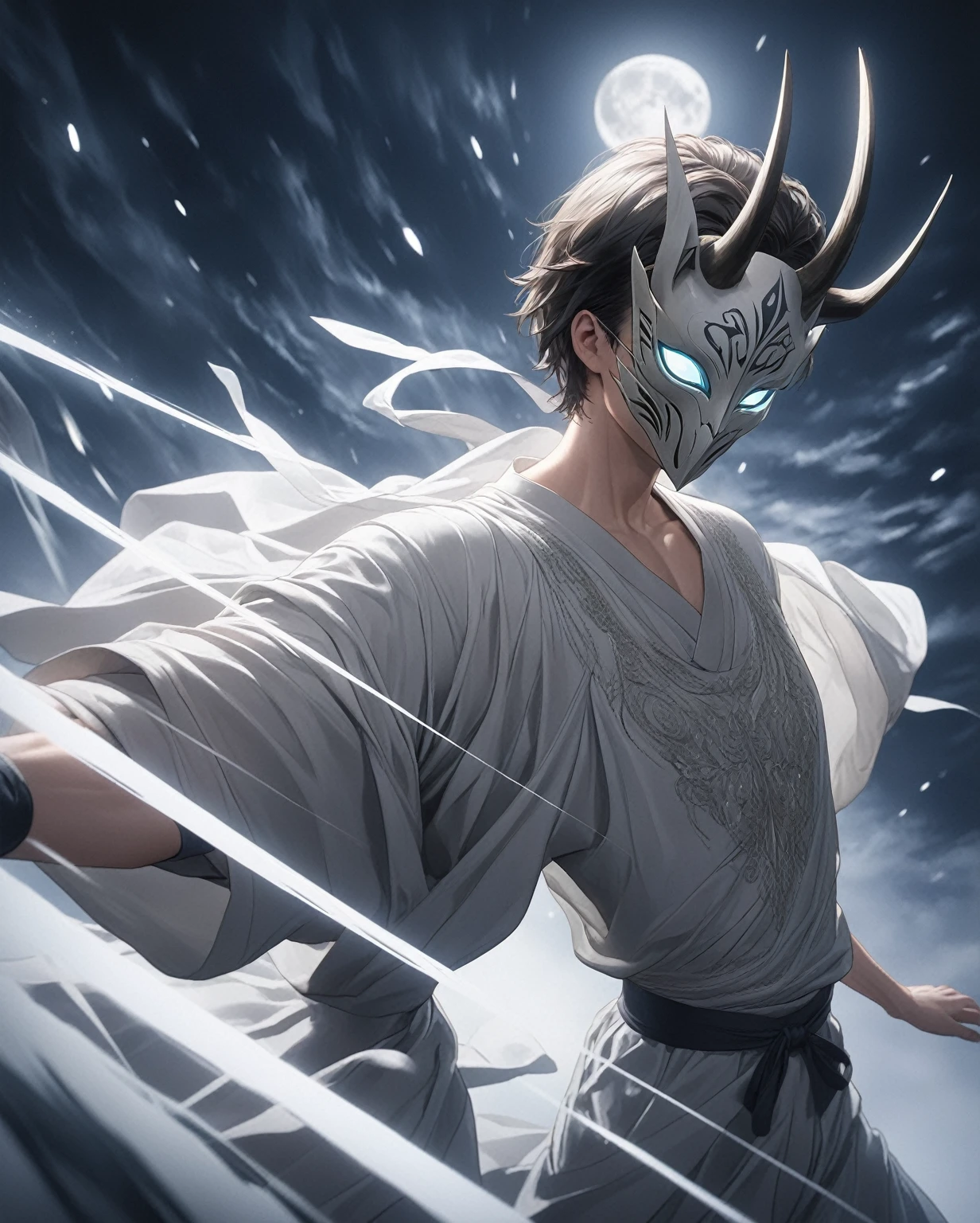 Anime, wendigo mask, (Half-broken mask),shiny eyes,Trail of eyes,((intricate details)),Short dagger with black circular patterns,short hair,(1boy),solo,Grey T-shirt, white tunic, Gray dress pants, ((clothing texture)), (clothing details), folds, shadows, Masterpiece,Ultra Quality,night,moon,Night sky, night light, dynamic lighting,Dynamic pose, dynamic angles,motion blur,deepth of field,(moon in background:1.2), detailed moon,