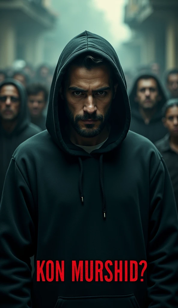 Design an ultra-realistic, 8K quality horror movie poster with a 9:16 aspect ratio. The poster features a handsome, slim,smart, 28 years guy standing in the foreground, wearing a black hoodie, with his face clearly visible and showing a determined expression. Behind him, a group of terrified people is visible, their faces filled with fear and anxiety. The background should evoke a dark and eerie atmosphere, with ominous shadows and haunting details. The movie title "KON MURSHID?" should be prominently displayed on the poster, capturing the intensity and horror of the scene.