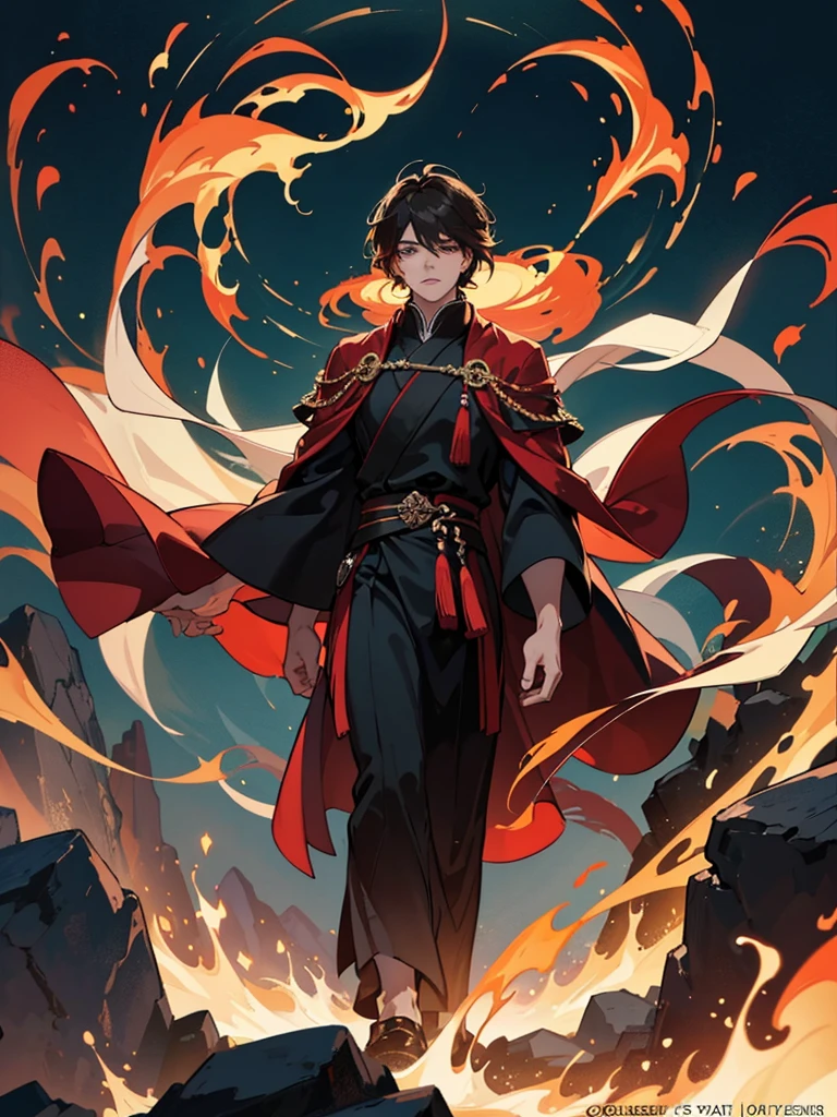 Create an image of Dergan, the eldest brother from the Dravaryn clan, specifically from the Firebreathers clan. Dergan is a 2 human with a toned build, standing at 178 cm tall. He has short, dark brown hair styled in a fashionable manner. His eyes are expressive, with a hint of mystery, reflecting his enigmatic and introspective nature. Dergan wears elegant, flowing robes associated with the Dragon clans, which should be designed to highlight his connection to fire magic. The robes should be ornate and stylish, with elements that evoke flames and heat, such as fiery patterns or accents. His overall aura should be enigmatic with a touch of vulnerability. Dergan's abilities to control and manipulate fire should be evident, perhaps through visual effects such as subtle flames or a glowing aura around him. The style should be webtoon-inspired, with a focus on capturing his K-pop idol reference in a trendy and fashionable manner. Dergan’s personality is loving yet bossy, and he has a strong sense of devotion to his brothers. The image should reflect his introverted and observant nature while also showing his commanding presence and warmth.