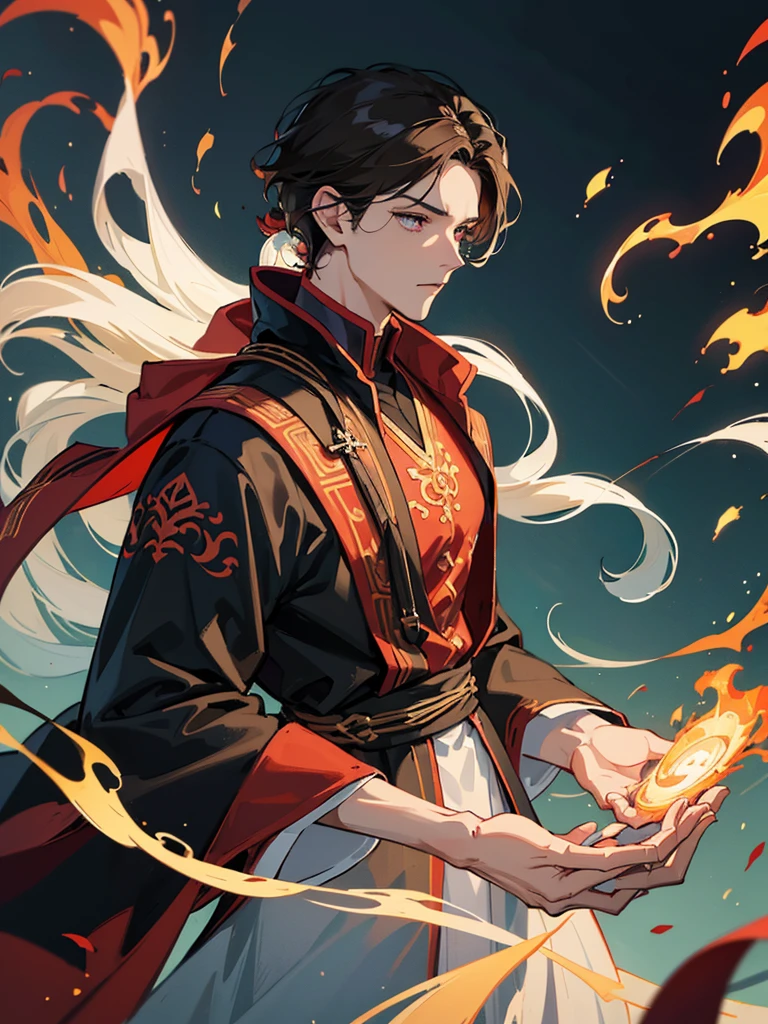 Create an image of Dergan, the eldest brother from the Dravaryn clan, specifically from the Firebreathers clan. Dergan is a 2 human with a toned build, standing at 178 cm tall. He has short, dark brown hair styled in a fashionable manner. His eyes are expressive, with a hint of mystery, reflecting his enigmatic and introspective nature. Dergan wears elegant, flowing robes associated with the Dragon clans, which should be designed to highlight his connection to fire magic. The robes should be ornate and stylish, with elements that evoke flames and heat, such as fiery patterns or accents. His overall aura should be enigmatic with a touch of vulnerability. Dergan's abilities to control and manipulate fire should be evident, perhaps through visual effects such as subtle flames or a glowing aura around him. The style should be webtoon-inspired, with a focus on capturing his K-pop idol reference in a trendy and fashionable manner. Dergan’s personality is loving yet bossy, and he has a strong sense of devotion to his brothers. The image should reflect his introverted and observant nature while also showing his commanding presence and warmth.