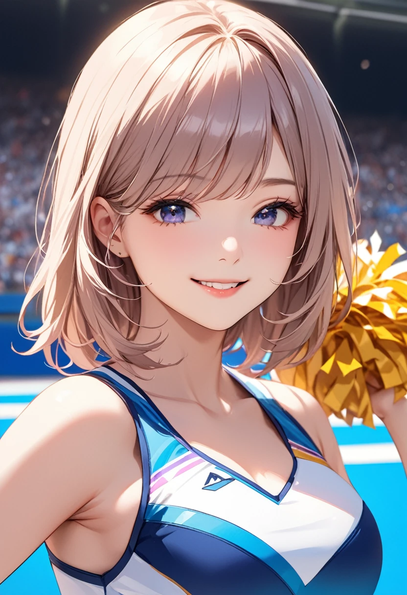 (masterpiece:1.5),(Beat quality),(high res),1girl solo,beautiful face,smile,upper body,cheerleader costume women,Stadium