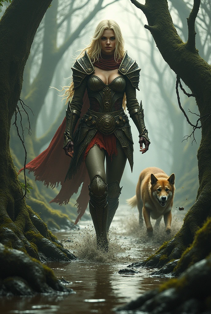 fantasy setting, a blonde human warrior resembling Fire Emblem's Titania walking in a muddy swamp seen from behind with a dog biting a leg