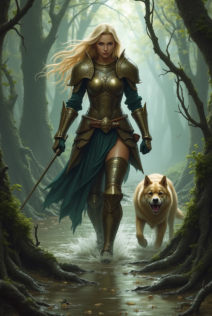 fantasy setting, a blonde human warrior resembling Fire Emblem's Titania walking in a muddy swamp seen from behind with a dog biting a leg